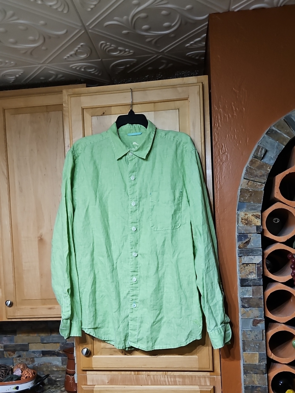 Tommy Bahama Sea Glass Breezer Long Sleeve Button Up Shirt Green Linen Pocket